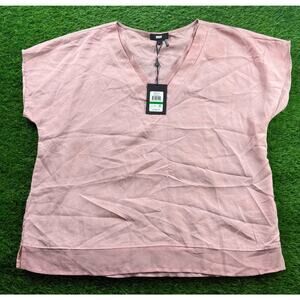 DKNY Women’s Blouse Large Rose Quartz Pink Satin V-Neck Short Sleeve Top NWT